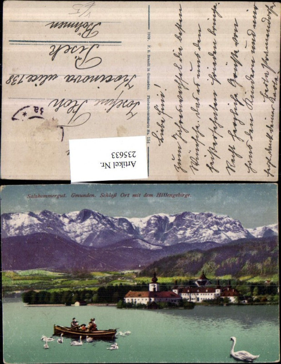 235633,Gmunden Schloss Orth m. d. Höllengebirge Ruderboot Schwäne pub F. E. Brandt 154