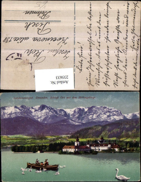 235633,Gmunden Schloss Orth m. d. Höllengebirge Ruderboot Schwäne pub F. E. Brandt 154