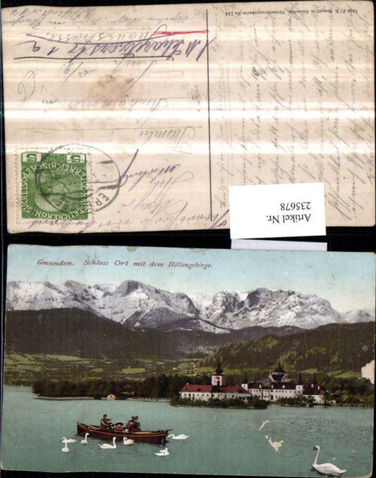 235678,Gmunden Schloss Orth m. d. Höllengebirge Ruderboot Schwäne pub F. E. Brandt 154