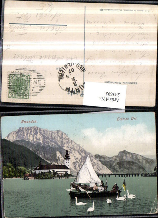 235692,Gmunden Schloss Orth Segelboot Ruderboot Schwäne pub F. E. Brandt 393