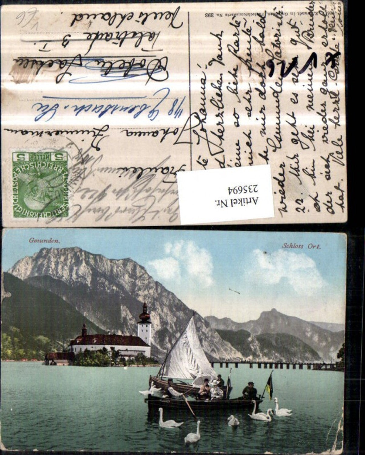 235694,Gmunden Schloss Orth Segelboot Ruderboot Schwäne pub F. E. Brandt 393