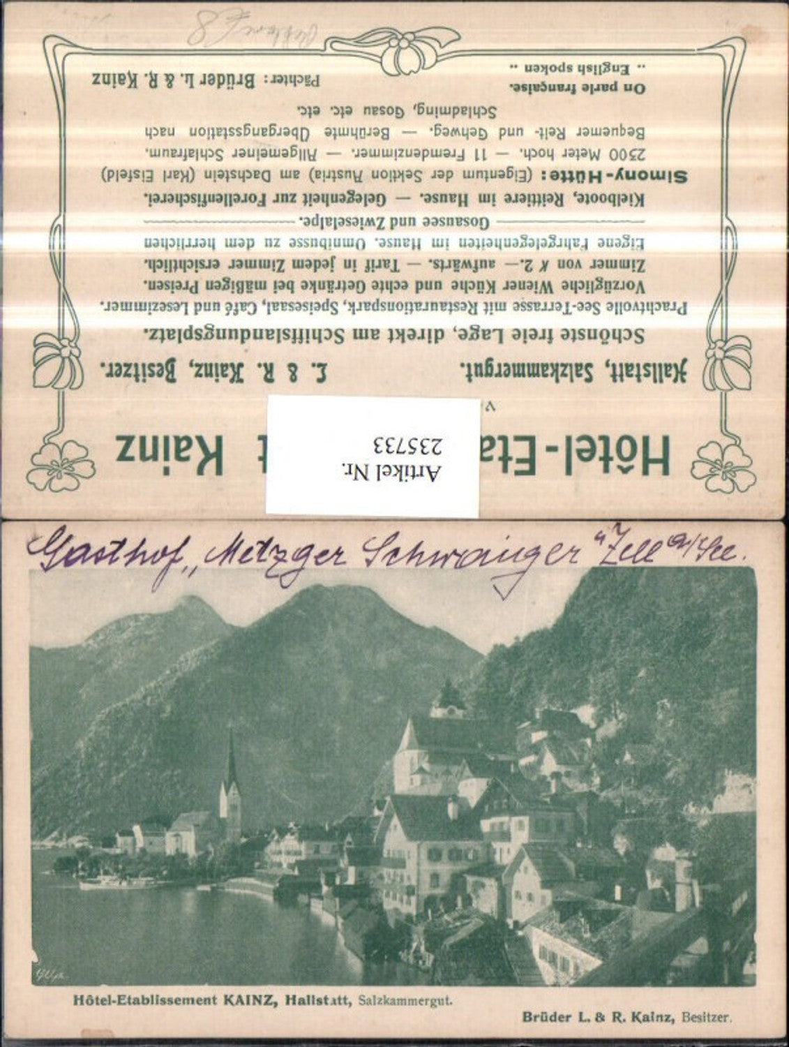 235733,Hallstatt Teilansicht Reklame Hotel Etablissement Kainz Besitzer Brüder L. u. R. Kainz