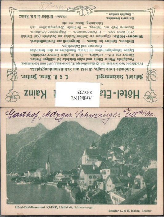 235733,Hallstatt Teilansicht Reklame Hotel Etablissement Kainz Besitzer Brüder L. u. R. Kainz