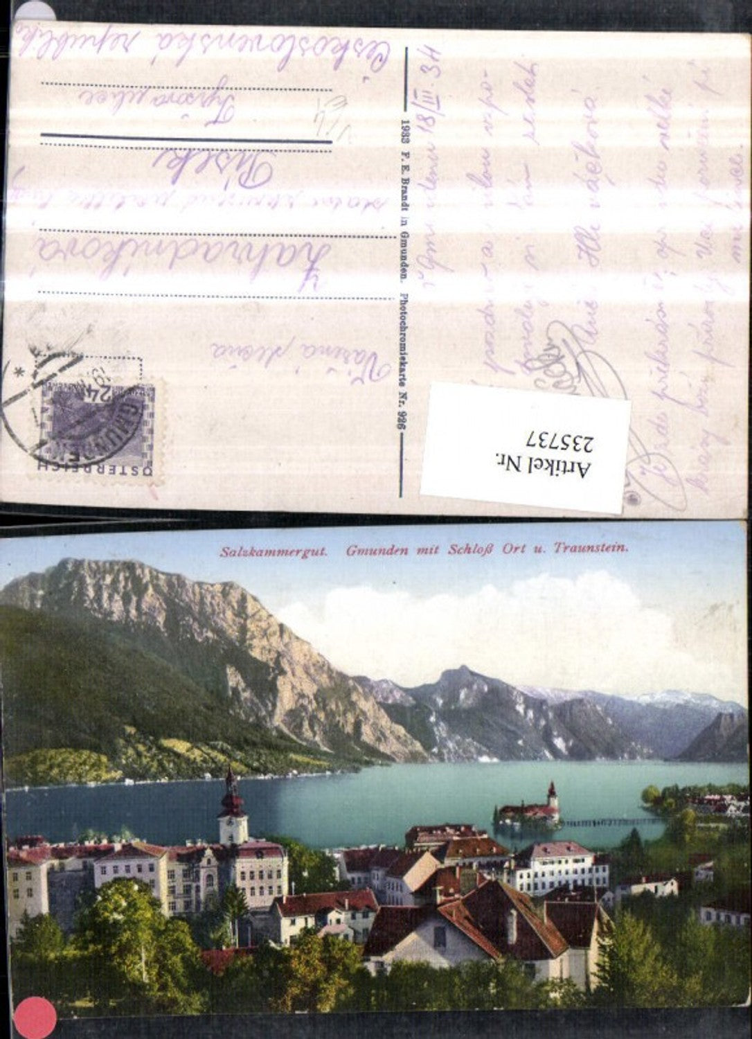 235737,Gmunden Teilansicht m. Schloss Orth u. Traunstein pub F. E. Brandt 926