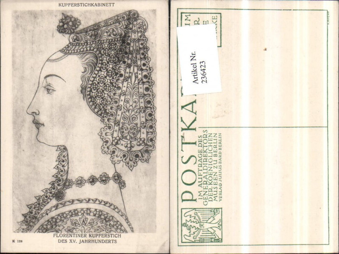236423,Kupferstichkabinett 128 Florentiner Kupferstich 15. Jahrhundert Frau Portrait