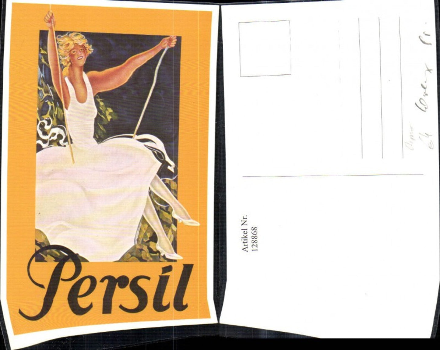 128868,Reklame Repro Persil Waschmittel Frau a. Schaukel weisses Kleid Werbung