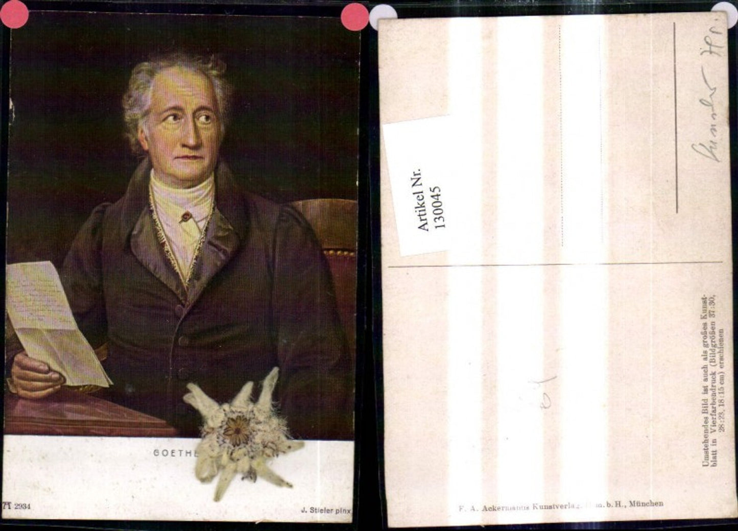 130045,Künstler Ak J. Stieler Goethe Getrocknetes Edelweiß pub Ackermann 2934