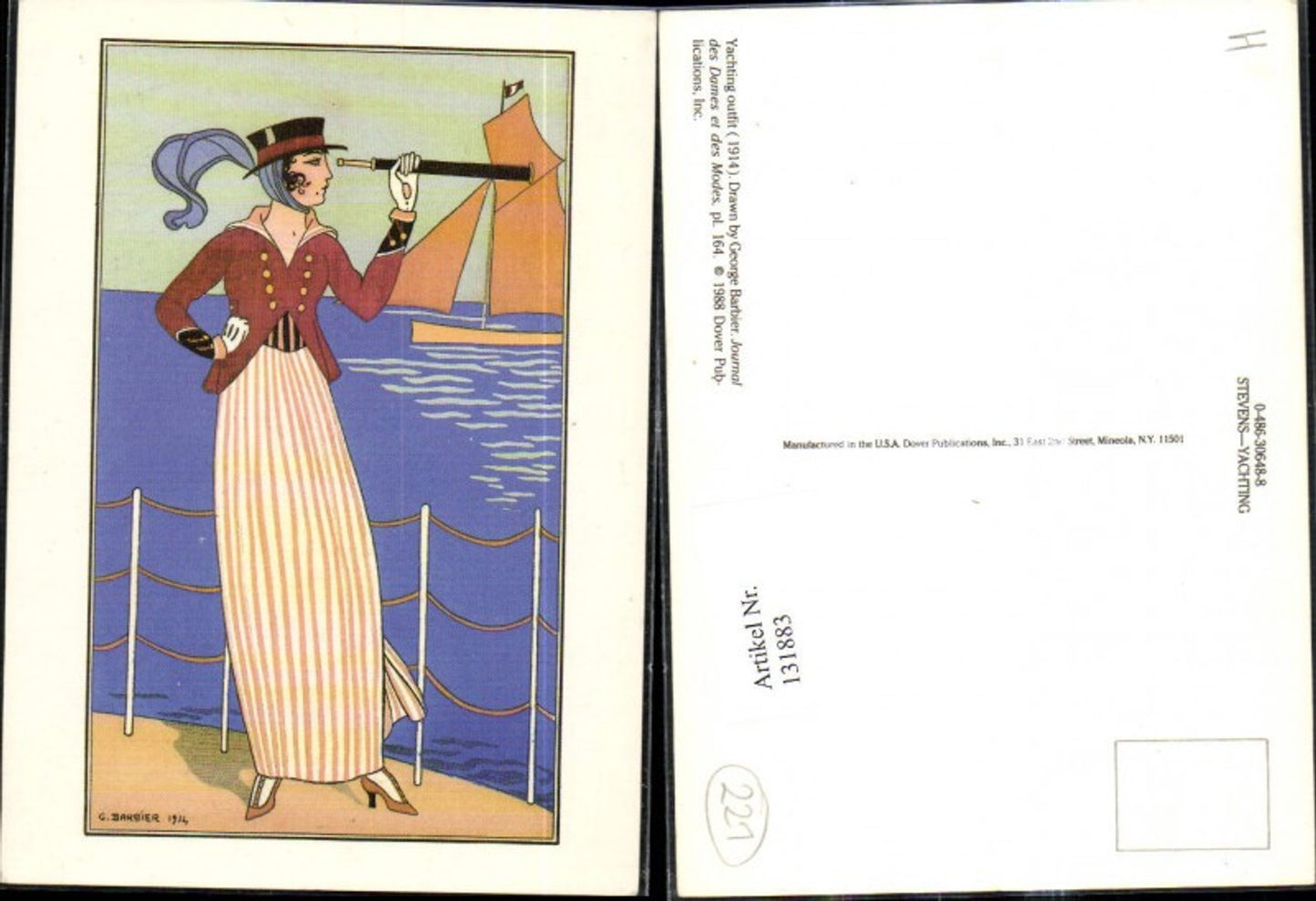 131883,Repro Jugendstil George Barbier Yachting outfit Mode Frau Fernglas Hut Segelschiff