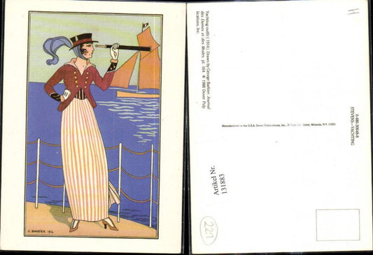 131883,Repro Jugendstil George Barbier Yachting outfit Mode Frau Fernglas Hut Segelschiff