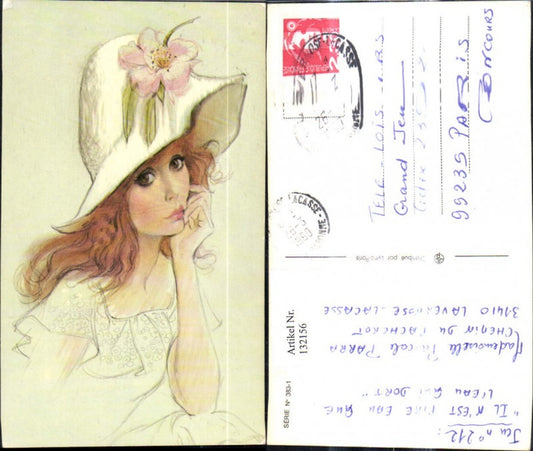 132156,Repro Jugendstil Frau Hut Blume a. Hut Hutmode Mode