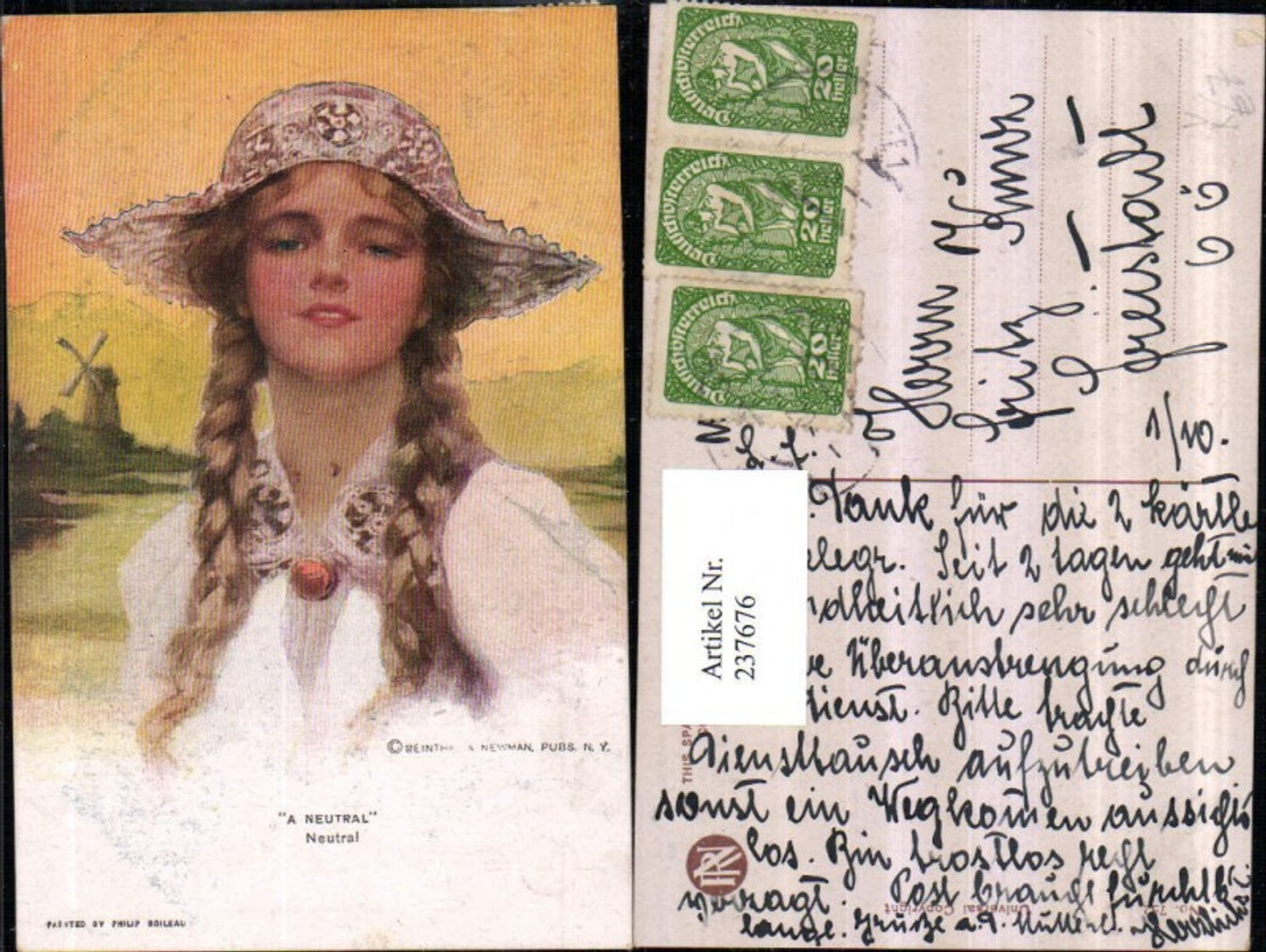 237676,Reinthal & Newman 752 Künstler Philip Boileau A Neutral Neutral Mädchen m. Zöpfen Hut