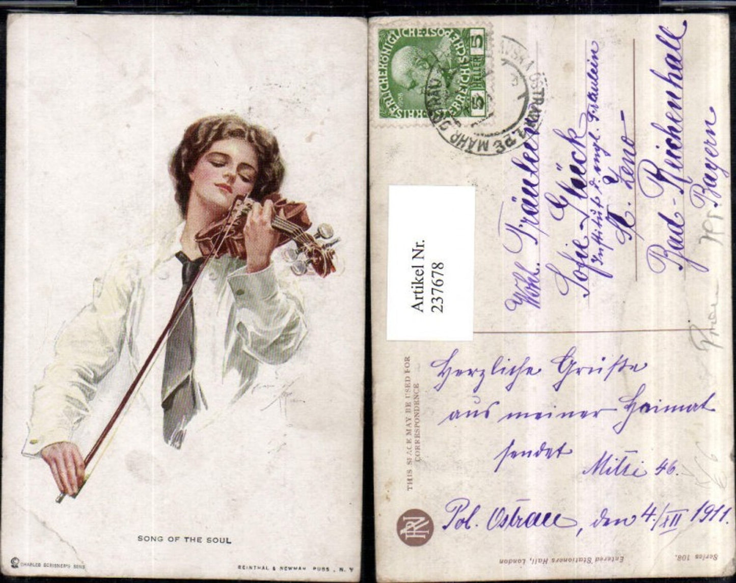 237678, Reinthal &amp; Newman 108 Artists AK Song of the Soul Woman with violin