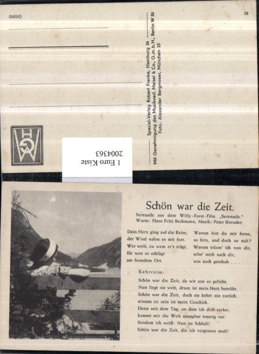 2004363,Schön war die Zeit Serenade aus d. Willy-Forst-Film Gedicht Text v. Hans Fritz Beckmann