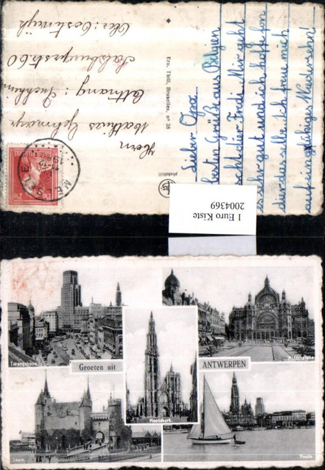 2004369,Groeten uit Antwerpen Steen Torengebouw Hoofdkerk Reede Segelboot Kirche Schloss Burg Mehrbildkarte