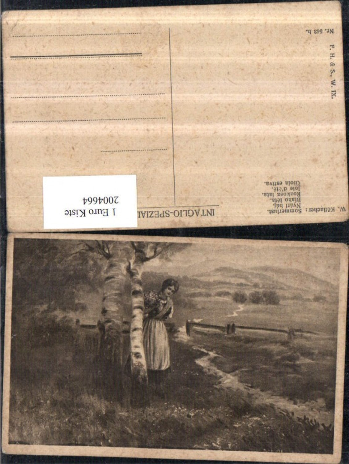 2004664,Künstler AK W. Köflacher Sommerlust Frau m. Kleid Landschaft Birke