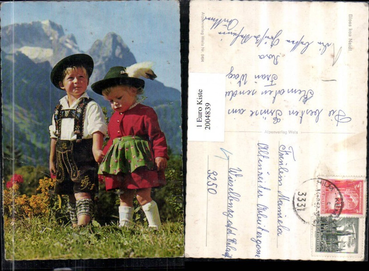 2004839,Bloss koa Neid Mädchen u. Junge in Tracht Händchen haltend Hut