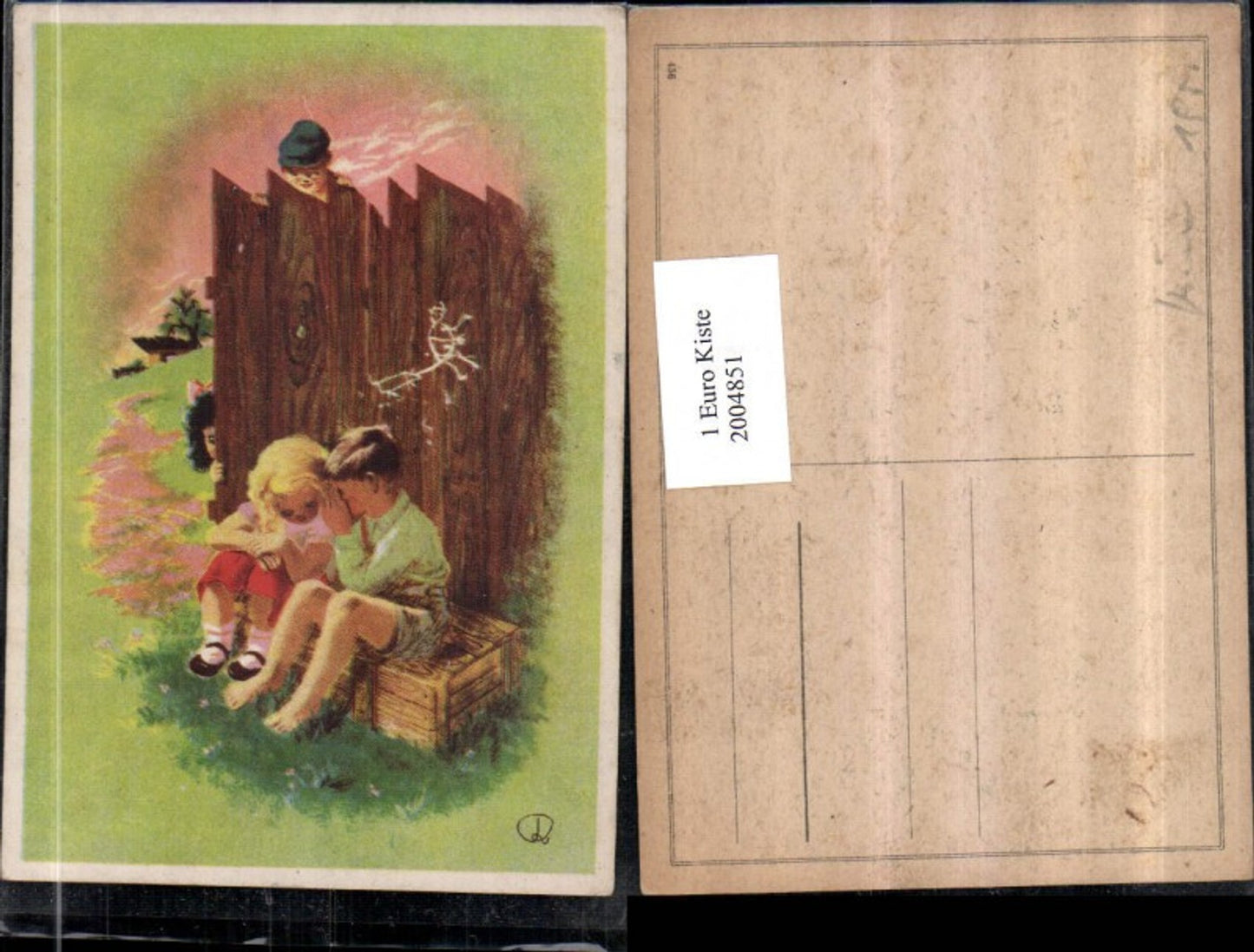 2004851,Künstler AK Junge u. Mädchen hinter einem Zaun