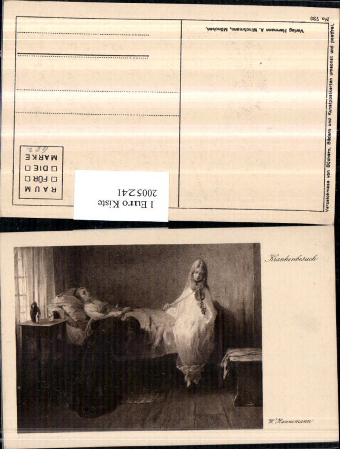 2005241,Künstler AK W. Hanneman Krankenbesuch Mädchen im Bett Frau weint Kind spielt Geige