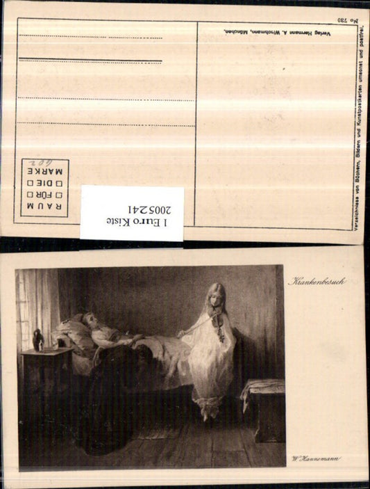2005241,Künstler AK W. Hanneman Krankenbesuch Mädchen im Bett Frau weint Kind spielt Geige