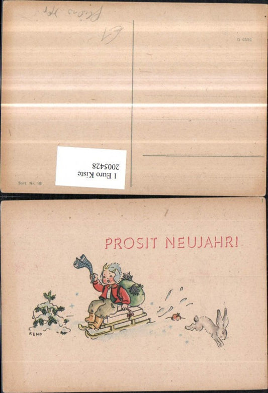 2005428,Künstler AK Neujahr Junge m. Schlitten Geschenk Hase