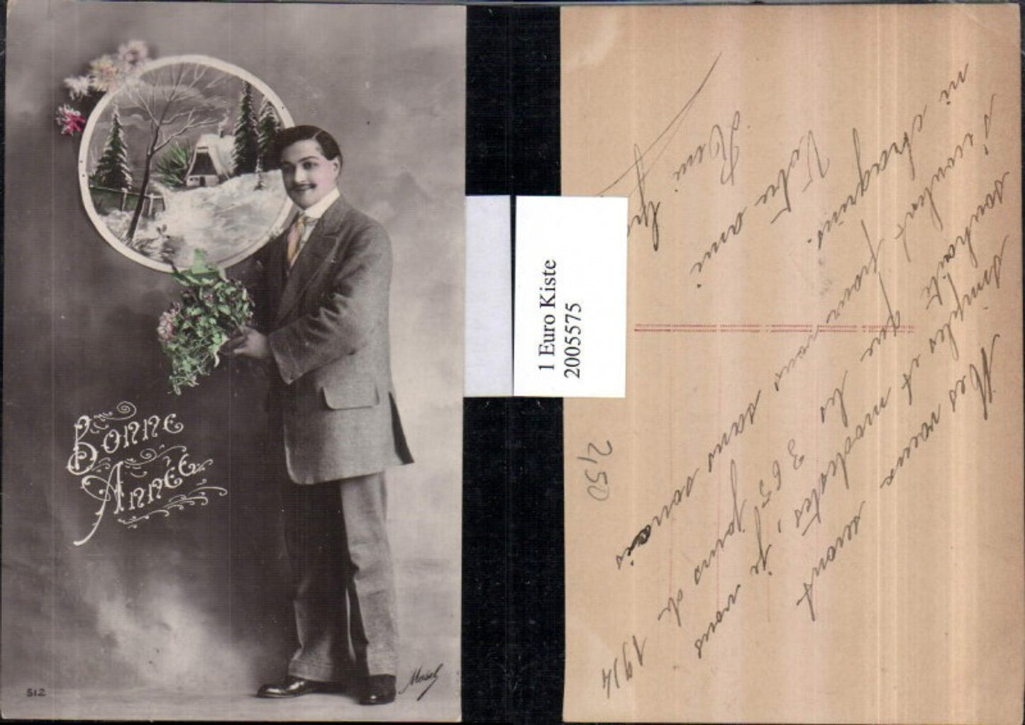 2005575,Mann im Anzug Winterlandschaft Blumenstrauß Fotomontage