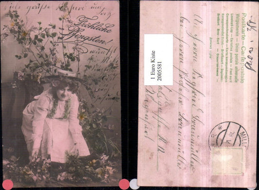 2005581,Pfingsten Frau m. Hut Blumen Zweige