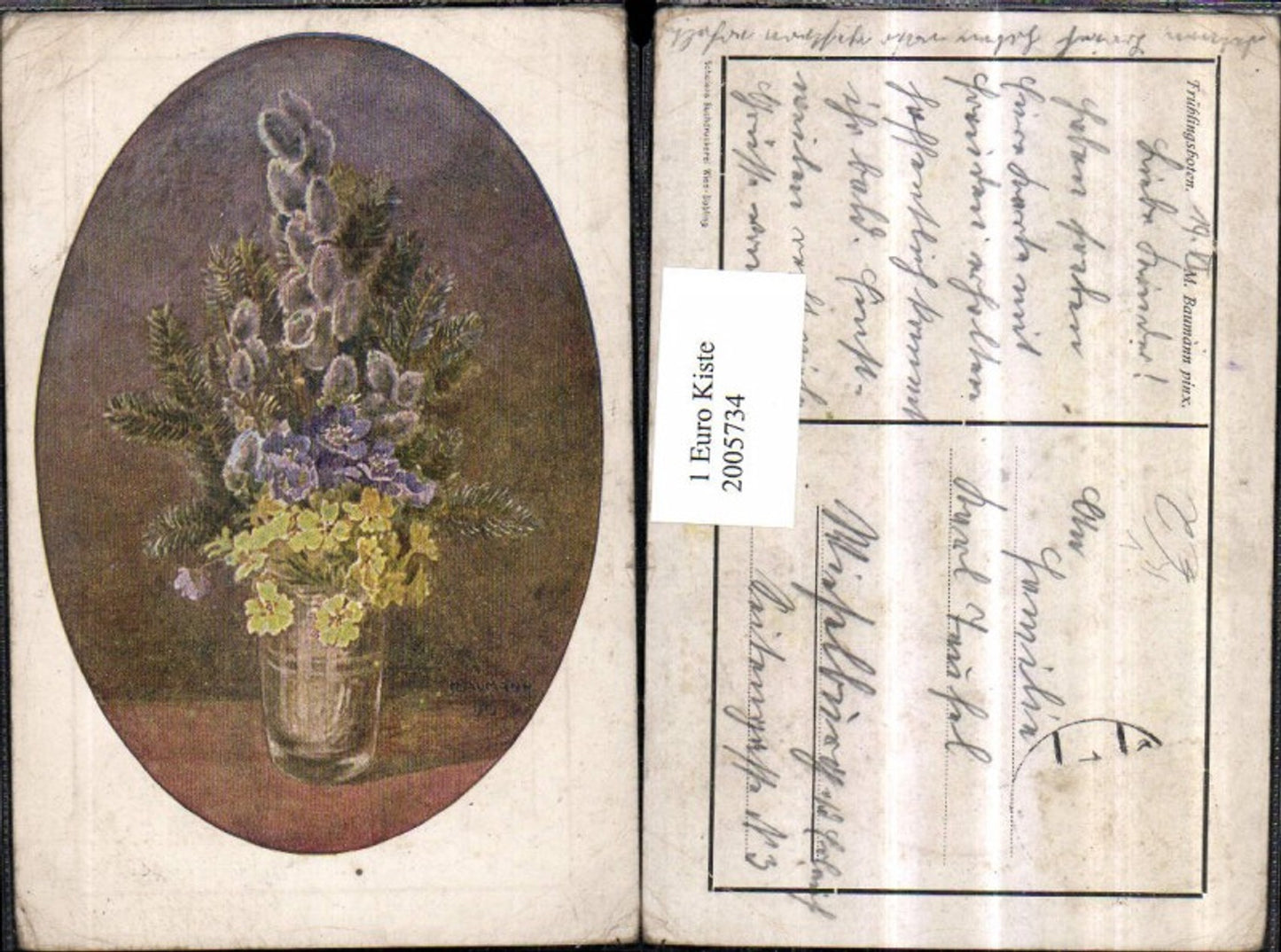 2005734,Künstler AK M. Baumann Frühlingsboten Vase m. Blumen Leberblümchen Tannenzweige pub Schöler