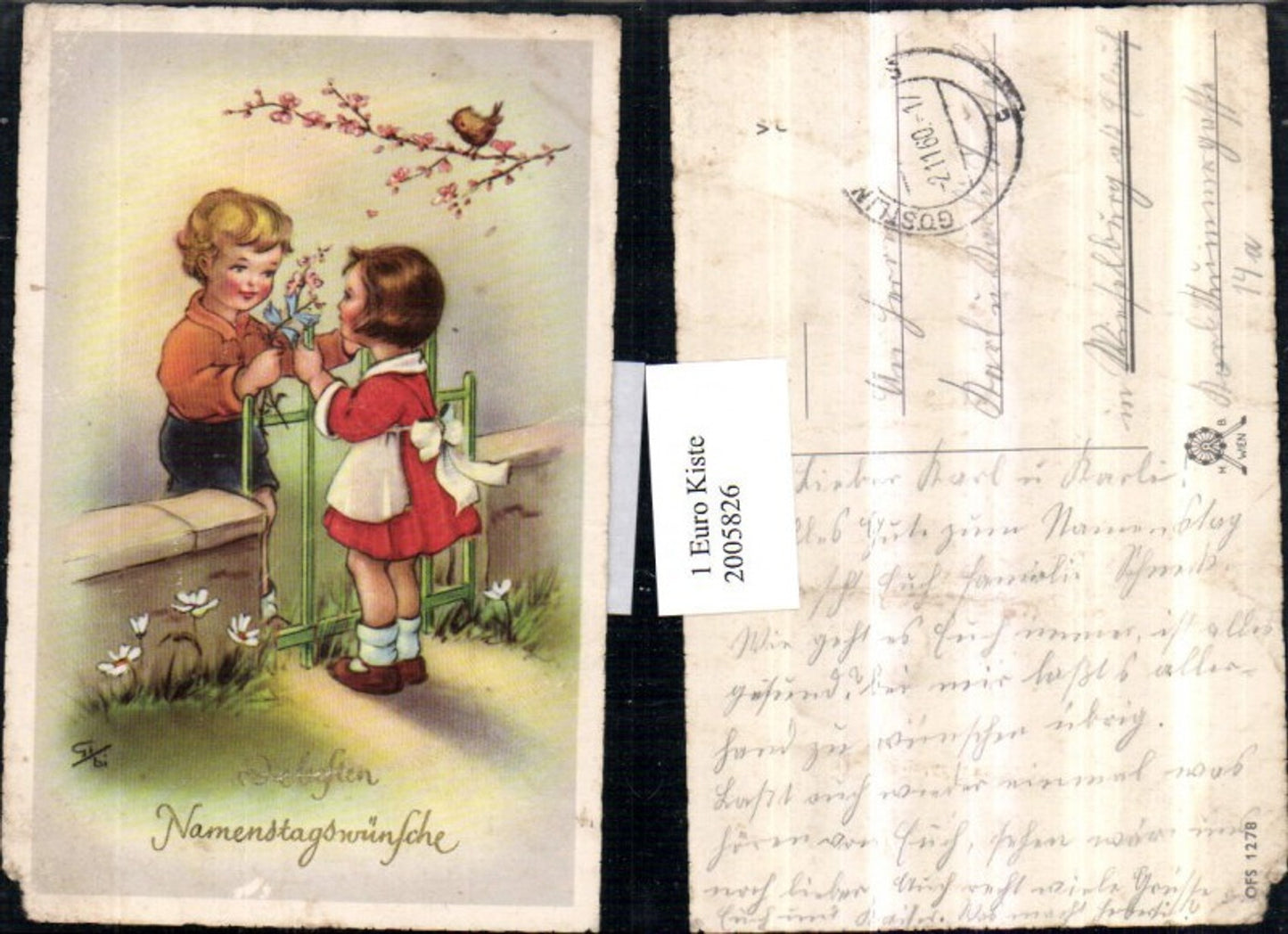 2005826,Künstler AK Namenstag Junge schenkt Mädchen Blumen Gartenzaun Vogel