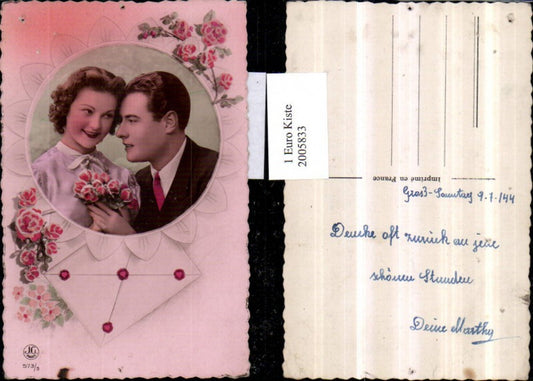 2005833,Liebe Liebespaar Portrait Blumenstrauß Rosen Brief Passepartout pub J. G. Paris 573/3