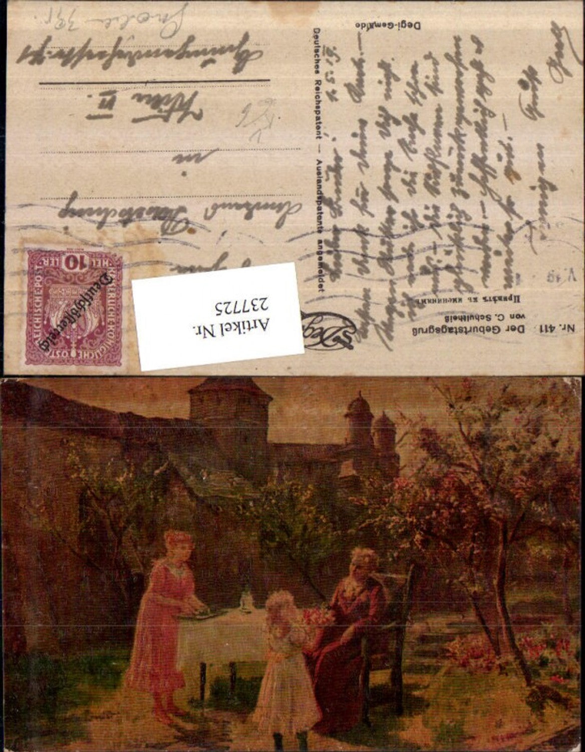 237725,Degi AK 411 Künstler C. Schultheiß Der Geburtstagsgruß Frauen m. Mädchen Turm Kirche