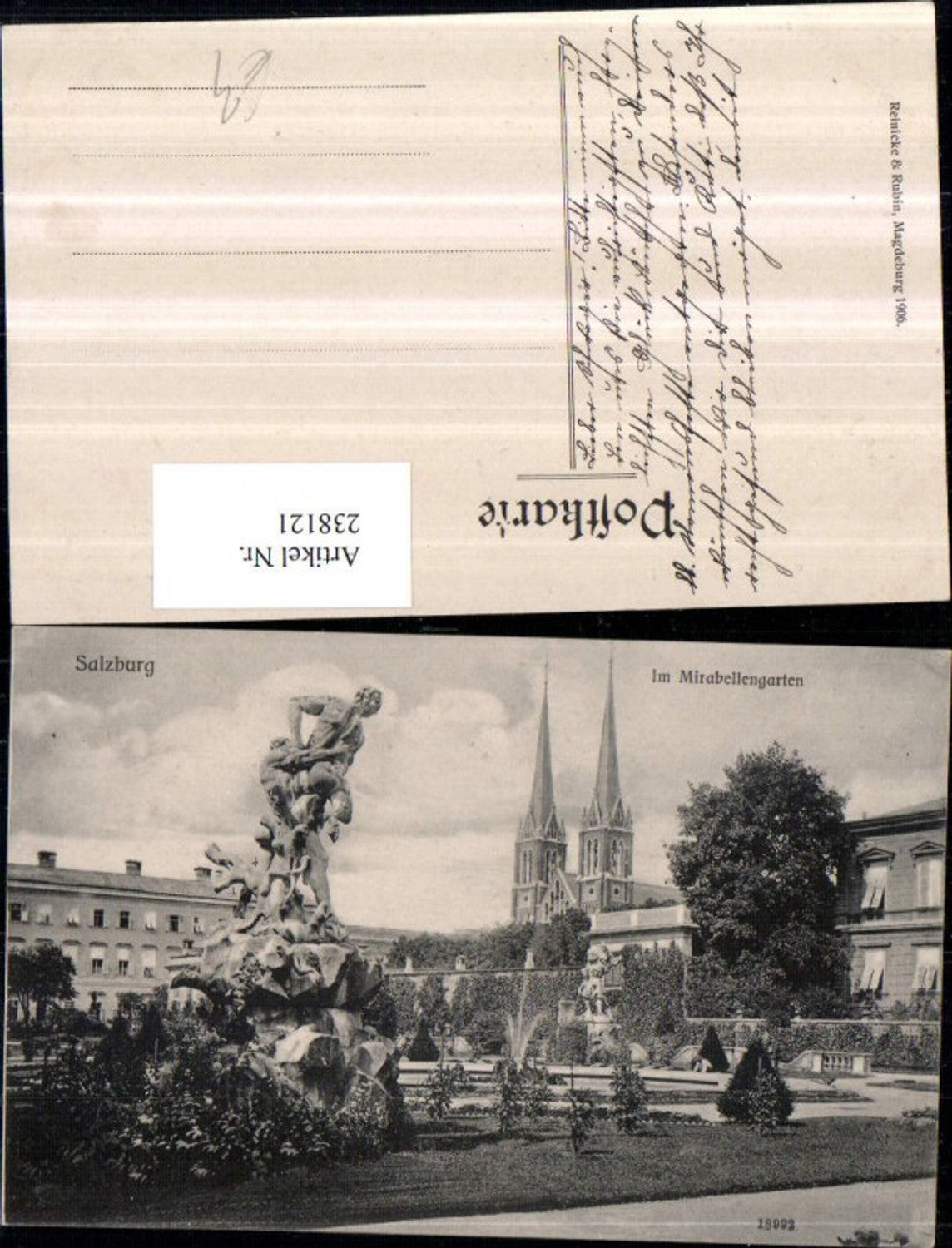 238121,Salzburg Im Mirabellgarten Statue m. Blick auf Kirche
