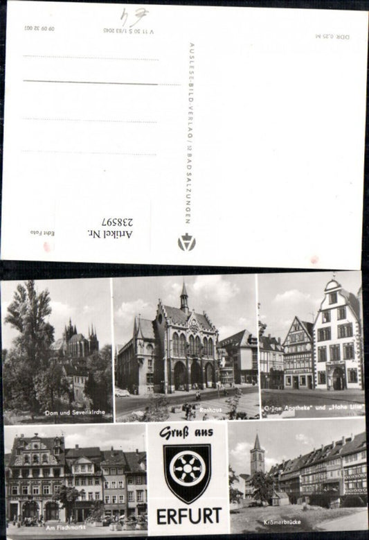 238597, Greetings from Erfurt Cathedral St. Severus Church Town Hall Green Pharmacy Multi-image postcard