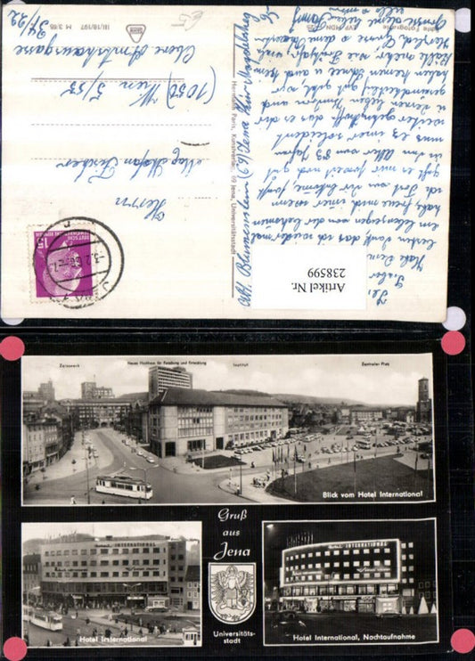 238599, Greetings from Jena Hotel International High-rise Zeisserk Tram Multi-image postcard