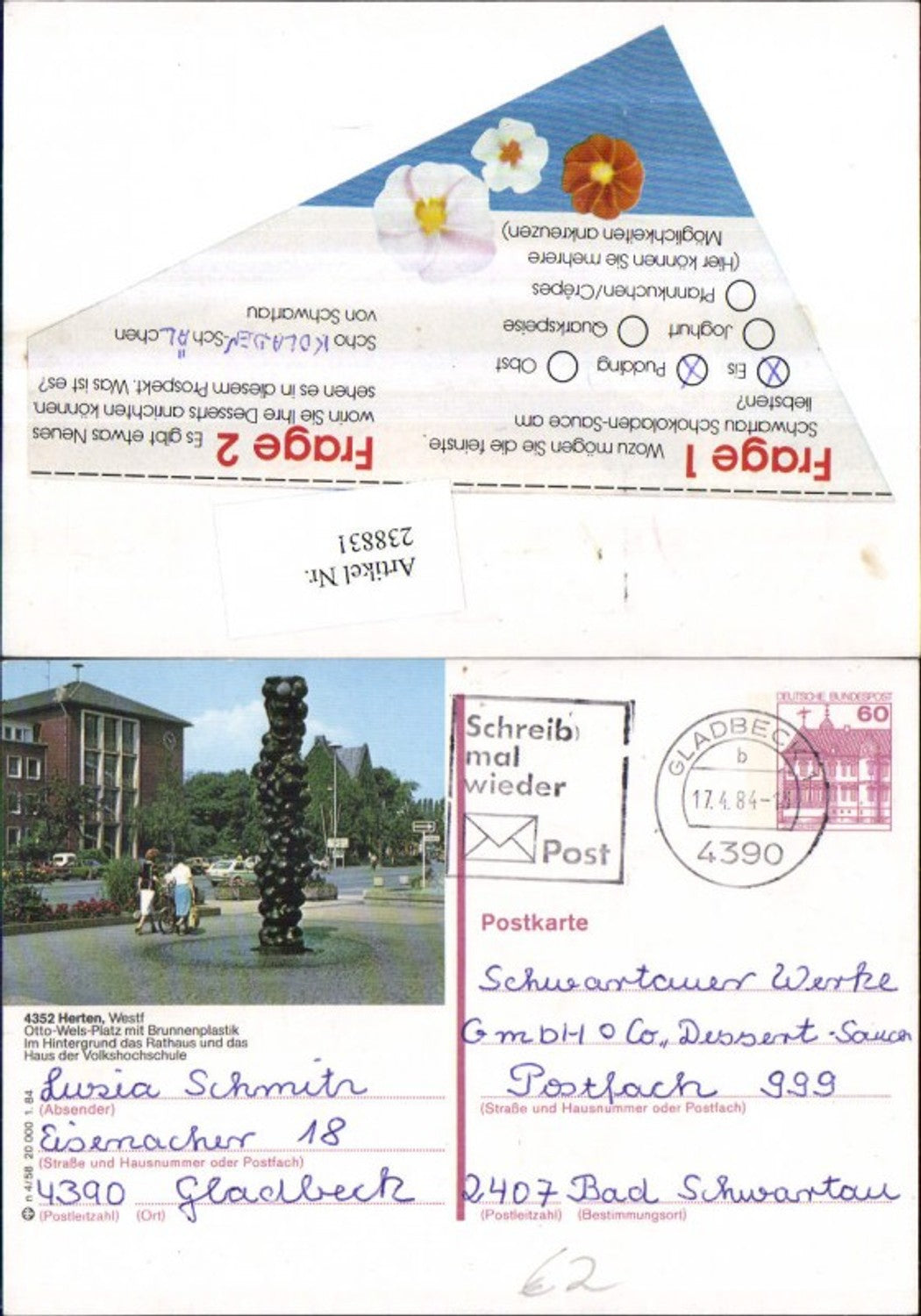 238831,Herten in Westfalen Otto-Wels-Platz m. Brunnenplastik Rathaus u. Schule