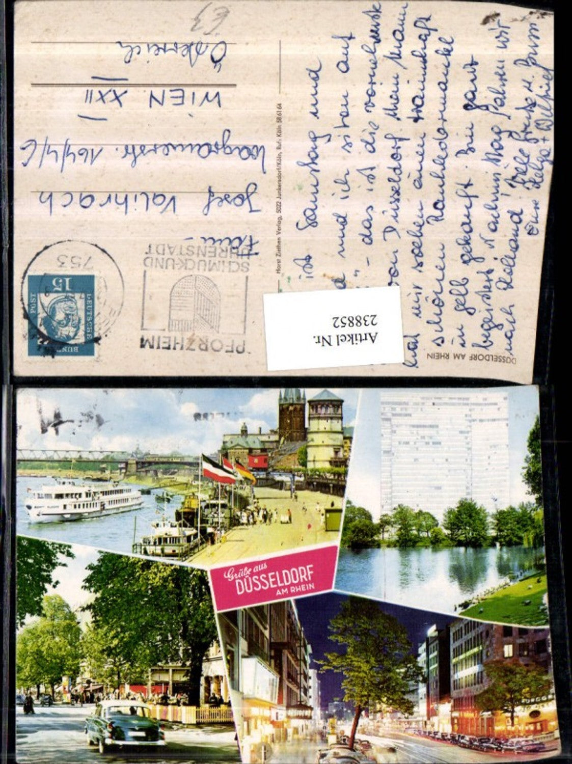 238852,Düsseldorf a. Rhein Straßenansicht Landungsplatz Schiff Turm Hochhaus Mehrbildkarte