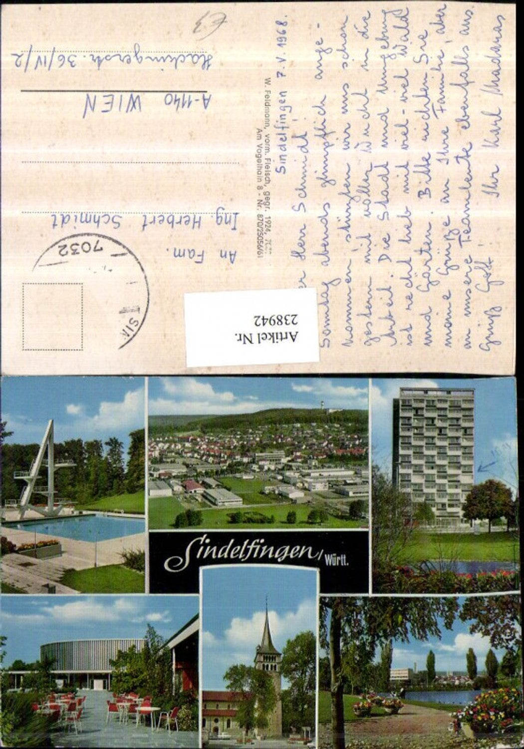 238942, Sindelfingen in Württemberg Overview of the outdoor swimming pool, diving tower, high-rise building, and church. Multi-view postcard