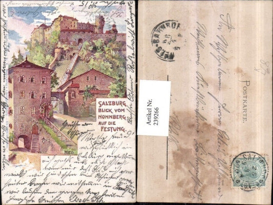 239266,Künstler Litho AK Mell Salzburg Blick v. Nonnberg auf d. Festung