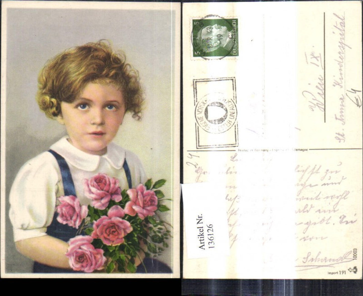 136126,Mädchen Kind m. Rosenstrauß Blumen Rosen