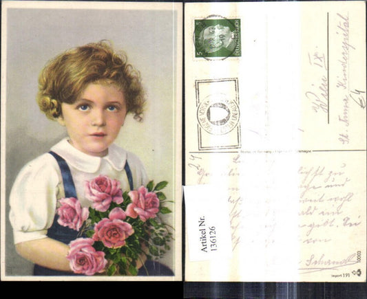 136126,Mädchen Kind m. Rosenstrauß Blumen Rosen