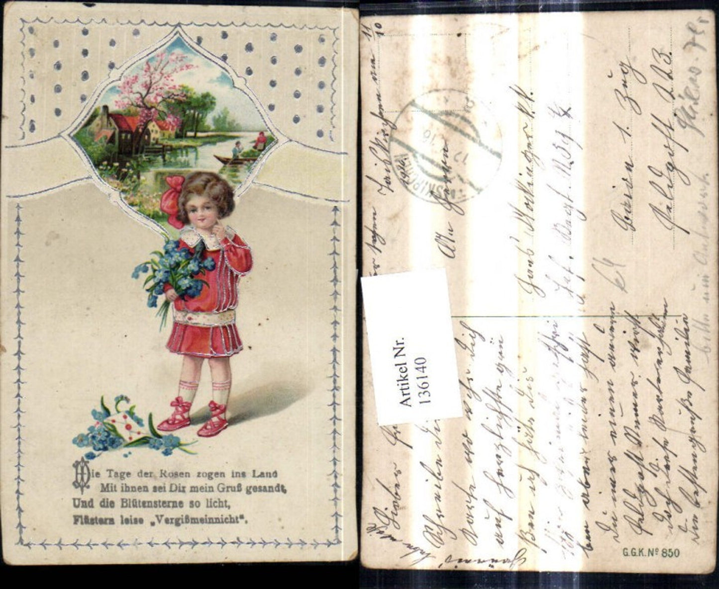 136140,Mädchen Blumenstrauß Landschaft Passepartout Silberverzierung Spruch Text