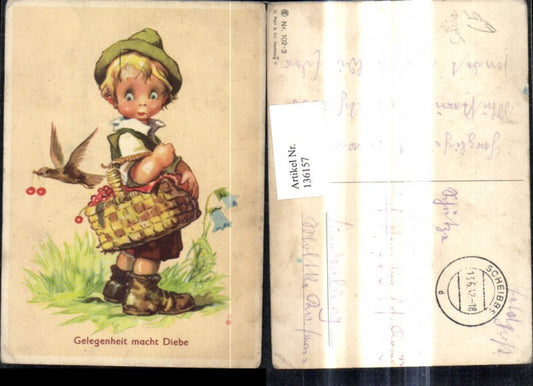 136157,Künstler Ak Bub Junge m. Korb Kirschen Vogel a. Kirschendieb Scherz