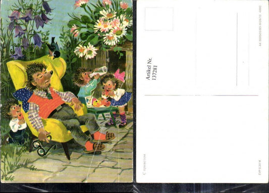 137281,Igel Mann schläft i. Garten Kinder essen u. trinken seine Jause Streich