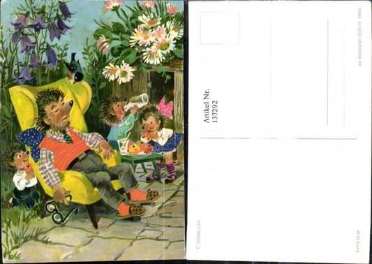 137292,Igel Mann schläft i. Garten Kinder essen u. trinken seine Jause Streich