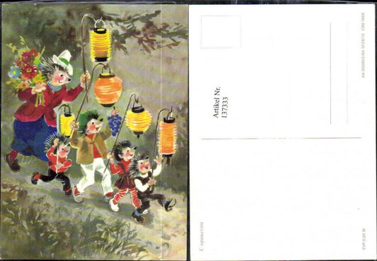 137333,Igel Frau m. Kinder Laternen Blumen Strauß