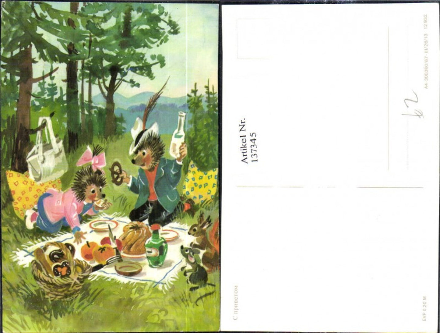 137345,Igel Paar b. Picknick i. Wald Hasen Mäuse a. Zuschauer