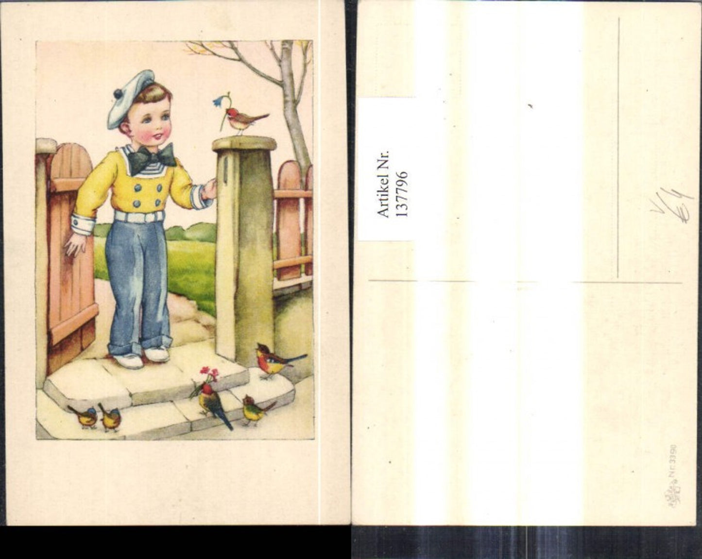 137796,Künstler Ak Bub Junge Matrosenanzug Uniform m. Vögel b. Gartentor pub Erika 3390