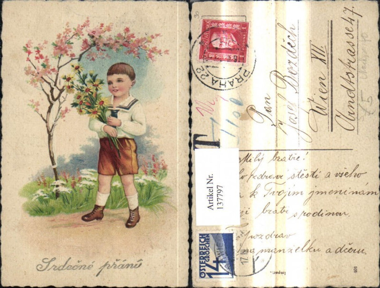 137797,Künstler Ak Bub Junge Matrosenanzug Uniform Blumen Strauß b. Baum Stempel Nachporto