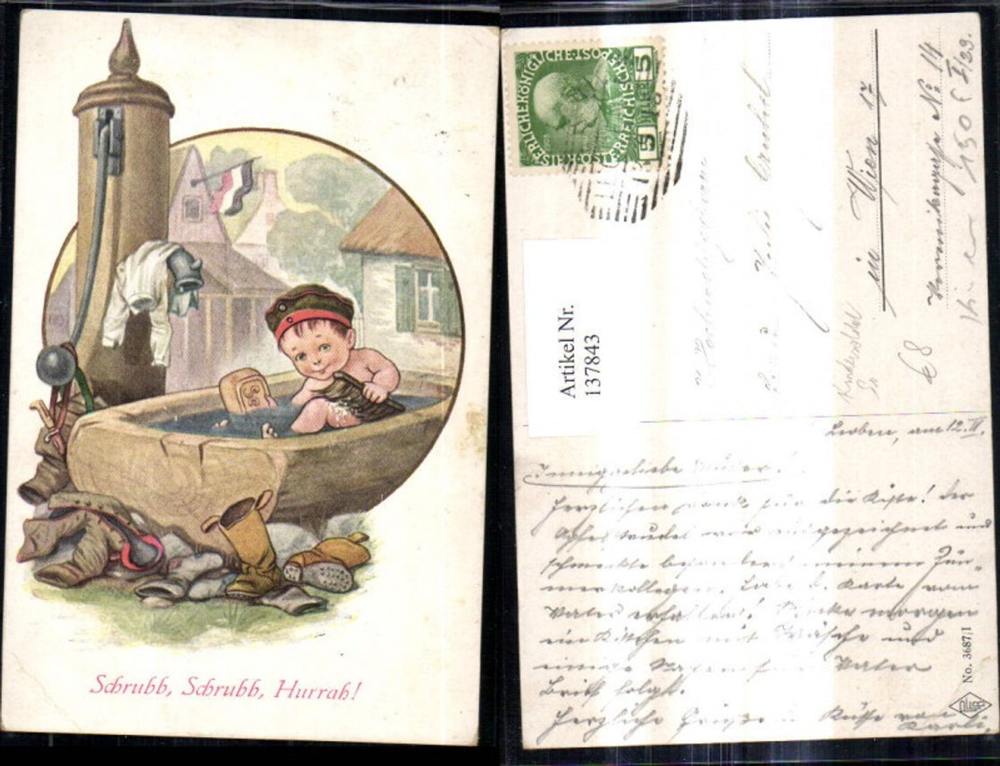 137843,Künstler Ak Bub Junge nimmt Bad i.  Brunnen Kindersoldat Uniform Schrubb Schrubb