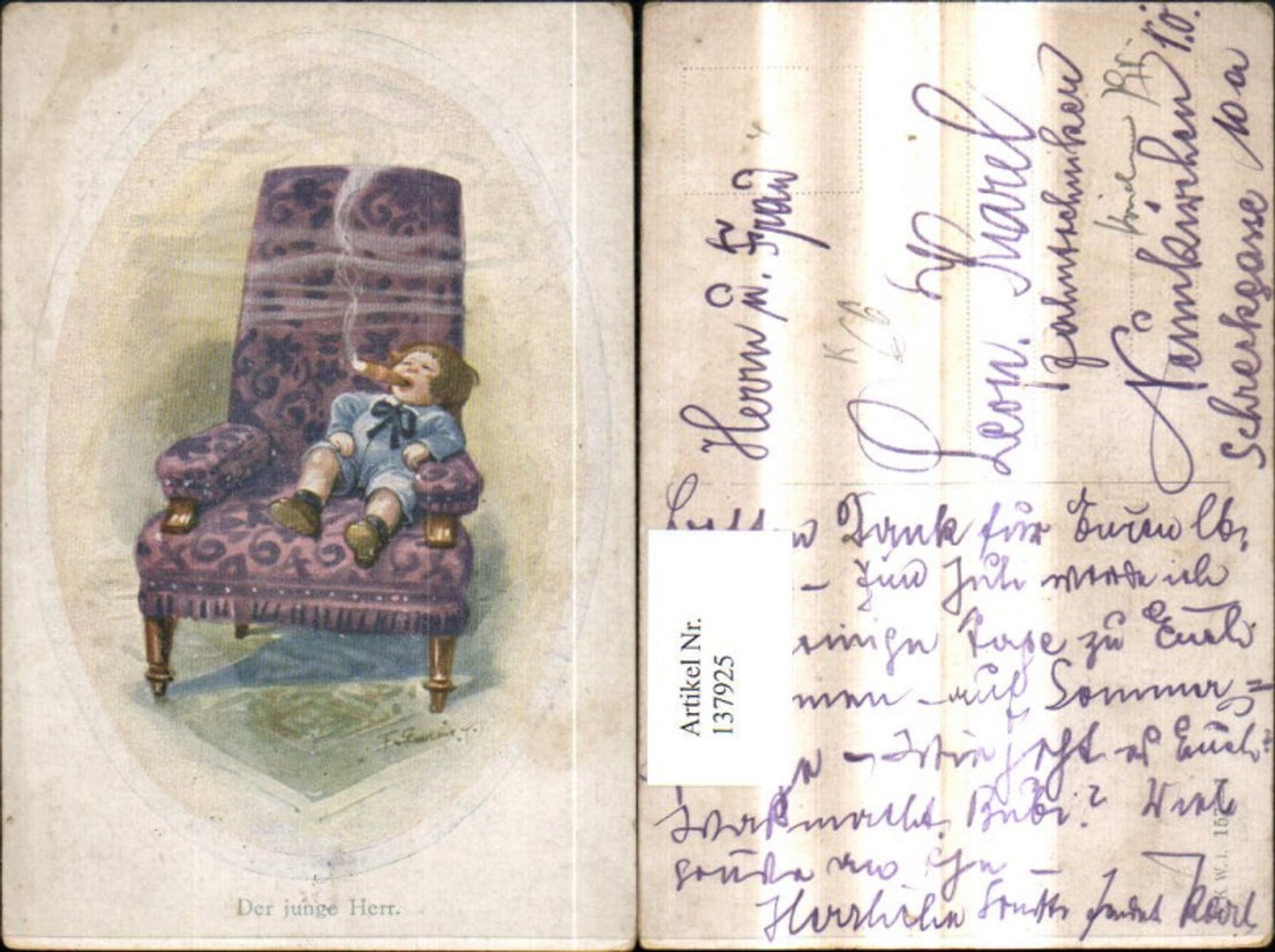 137925,Künstler Ak Bub Junge raucht Zigarre a. Sessel Der junge Herr