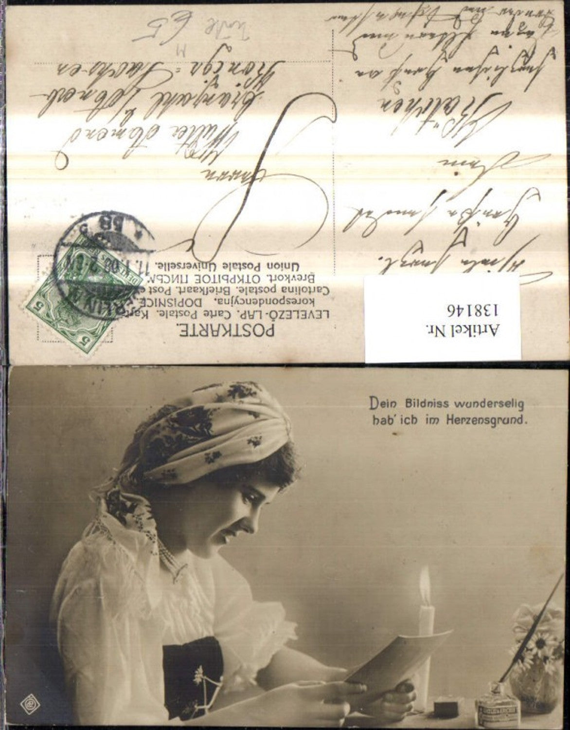 138146,Frau Tracht Kopftuch Brief Tinte Tintenfaß Kerze Blumen Spruch Text